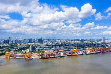 Logistics and transportation of Container Cargo ship and Cargo import/export and business logistics,Aerial view from drone