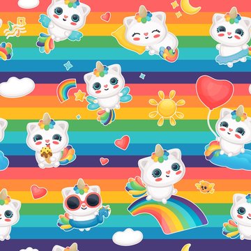 Seamless pattern with cute caticorn vector illustration on the rainbow background.