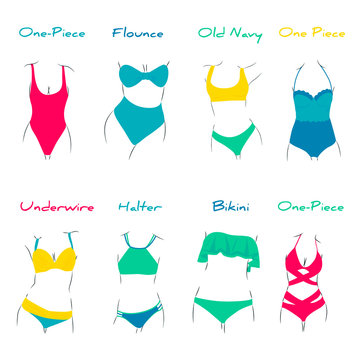 Vector Illustration of fashionable swimsuits. Various types of women beach clothes. Modern and retro models.