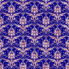 Rose Gold Damask Pattern on Blue Background Wallpaper	