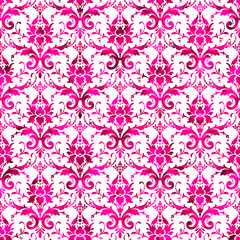 Hot Pink Damask Pattern on White Background Wallpaper	