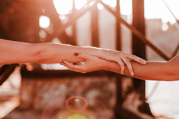 young unrecognizable lesbian couple holding hands at sunset outdoors. Lifestyle and pride concept. love is love