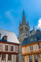 Vannes in Brittany, old half-timbered houses with the cathedral in background