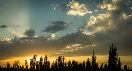 Landscape with dramatic light - beautiful golden sunset with saturated sky and clouds.