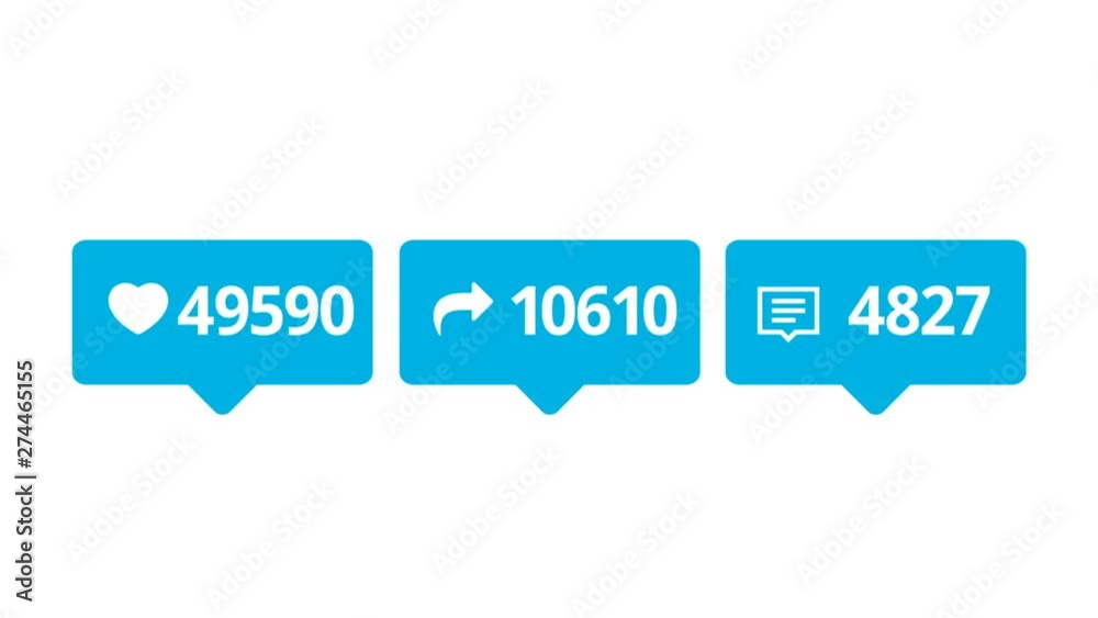 Poster like, share and comments colorful icons with increasing counting of numbers on white background. ani