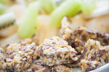 Healthy breakfast of granola, kiwi, banana and yogurt. Fitness diet for weight loss