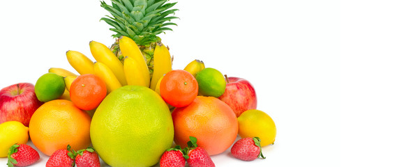 Fruits isolated on white background. Wide photo. Free space for text.