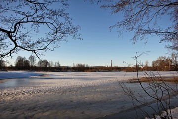 Spring on a frozen lake on a Sunny day. Russia. Semenov