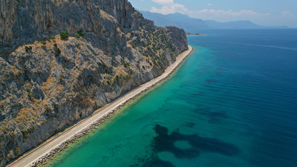 Aerial panoramic photo of famous sandy beach of Psatha in West Attica with emerald clear sea,...