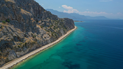Aerial panoramic photo of famous sandy beach of Psatha in West Attica with emerald clear sea,...