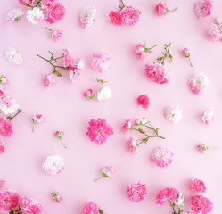 Flowers composition. Pattern made of  pink roses flowers on pink background. Flat lay, top view.