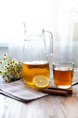 Healthy tea kombucha with lemon and cinnamon. Recipe for homemade Kombucha