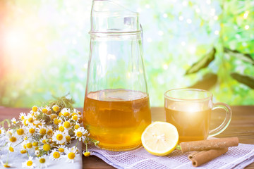 Healthy tea kombucha with lemon and cinnamon. Recipe for homemade Kombucha