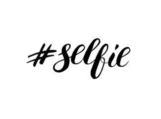 Hashtag selfie. Phrase from a social network. Handwritten brush lettering for web and mobile app design.