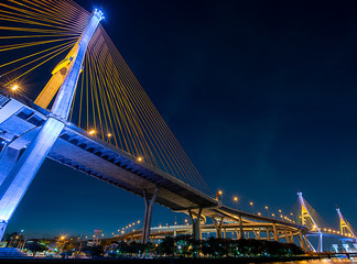 Night view of Bhumibol Bridge, also known as Ring road bridge, across Chao Phraya river with colorful light during coronation of King of Thailand on year 2019.