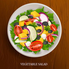 vector illustration of Fresh and Healthy Vegetable Salad on wooden background