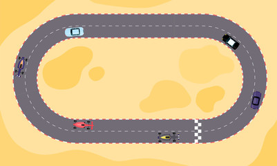 Race car speed competition on cartoon track from top view.