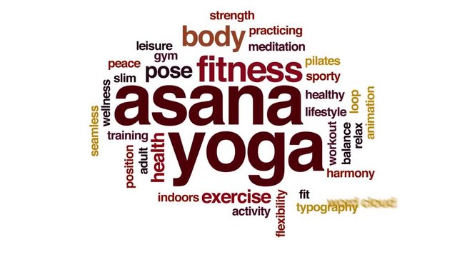 Asana yoga animated word cloud, text design animation. Kinetic typography.