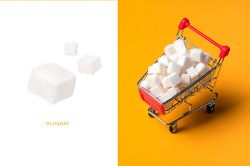 Creative layout made of sugar cubes in the shopping cart and levitating sugar cubes, Minimal or...
