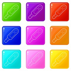 Medical thermometer icons set 9 color collection isolated on white for any design