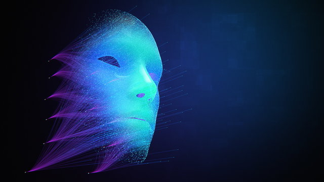 Artificial Intelligence abstract face created by neural network machine learning system, powered by big data, modern iot, DeepFake Virtual Assistant 3d illustration background