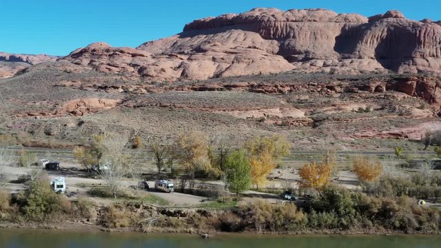 Aerial of campground along Colorado River in Moab Utah on vacation