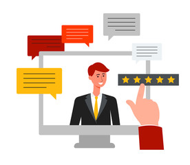 Customer feedback - cartoon business man in suit in computer monitor screen and hand leaving five star rating