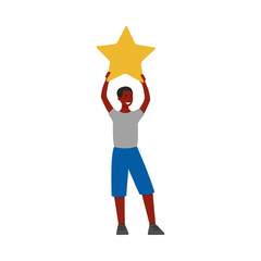 Black skin man holds a gold star flat cartoon vector illustration isolated.
