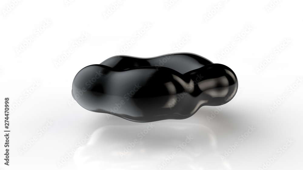 Poster 3d illustration of amorphous black drops of different shapes in space on a white reflective backgrou