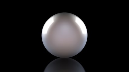 3D illustration of a white pearl on a black background. The reflection on the surface is blurred. 3D rendering of a precious object.