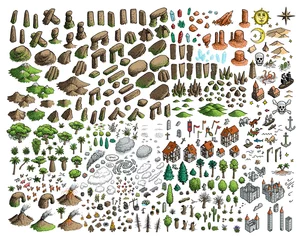 Fantasy map elements illustration, drawing, engraving, ink, line art, vector © jenesesimre
