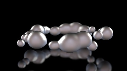 3D illustration of amorphous white drops of different shapes in space on a black reflective background. Abstract image for screensavers and background 3D rendering of futuristic object, glowing liquid