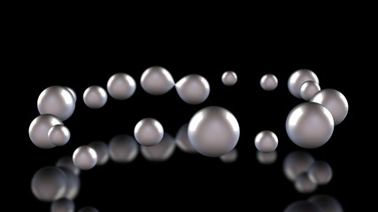 3D illustration of many light balls and drops on a black reflective background. The spheres are arranged chaotically in space. 3D rendering of abstract geometric background
