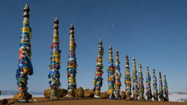 Shaman pillars on the island of Olkhon lake Baikal.