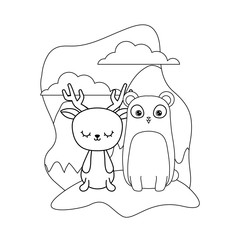 cute reindeer with panda bear animals in landscape