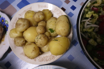 Young potatoes as a dish on the table. Details and close-up