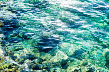 Fototapeta na wymiar Turquoise surface of sea water with sun glare. Background.