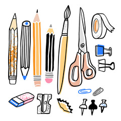 Obraz premium Stationery vector illustration. Pencil, sharpener, brush, eraser hand drawn school supplies