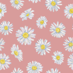 Daisy Flower Seamless Pattern on Pressed Rose Background. Continuous Floral Design for Background, Print, Decoration, Wallpaper, Textile, and Wrapping Paper.