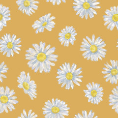 Daisy Flower Seamless Pattern on Sunny Yellow. Background. Floral Illustration for Print, Background, Wrapping Paper and Textile.