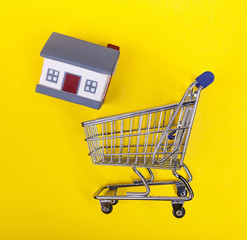 Shoping cart with rubber houses on a yellow background.
