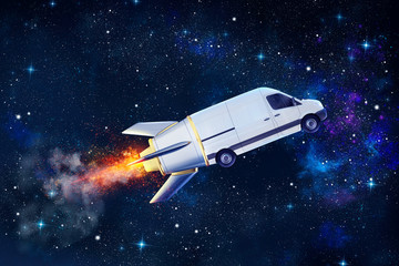 Super fast delivery of package service with flying van like a rocket