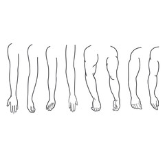 Illustration of male and female hands drawn by contour line. Multiple images set of female and man hand gestures isolated over white background. Hand gesture collection illustration, line art, vector.