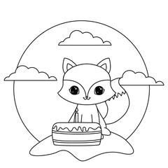 cute fox animal with cake of birthday in landscape