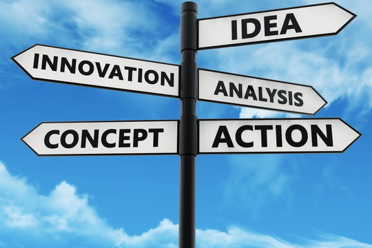 Crossroad Signpost with idea,novation,analysis,concept and action concept of blue sky