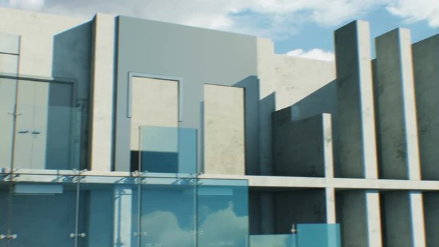 Beautiful Abstract Building Process of Skyscraper Seamless. Looped 3d Animation of Growing Construction Progress Modern Building with Concrete, Steel and Glass. 4k Ultra HD 3840x2160.