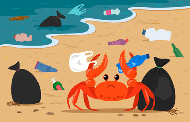 Naklejka premium sea crab entangled in plastic on the background of landfills and garbage bags on the beach. flat vector illustration