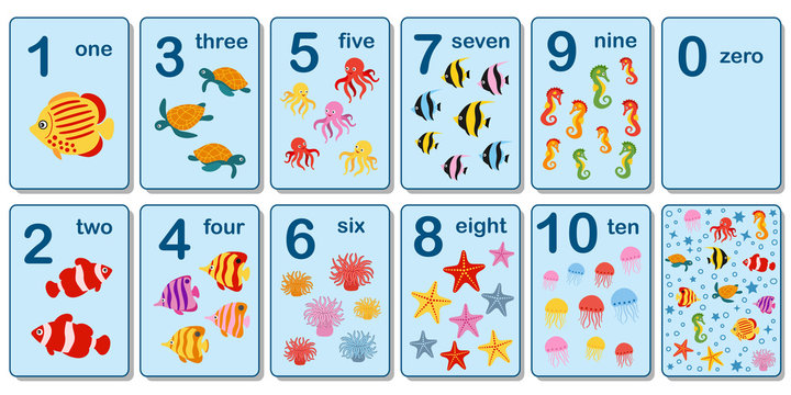Printable flashcard collection for numbers from 0 to 10 for children on the sea animals and fish theme