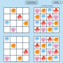 Set of logical tasks for children on the sea animals and fish theme. Sudoku game