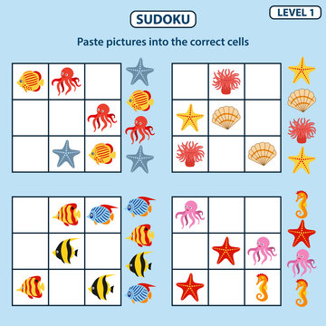 Set of logical tasks for children on the sea animals and fish theme. Sudoku game